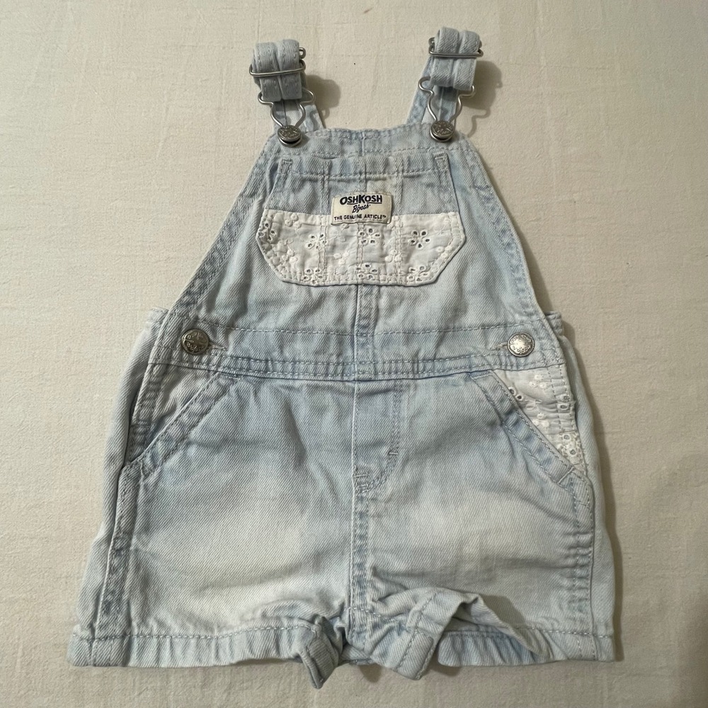 OshKosh Bgosh Denim Overalls Girls 12M Shorts Baby Light‎ Wash White Lace